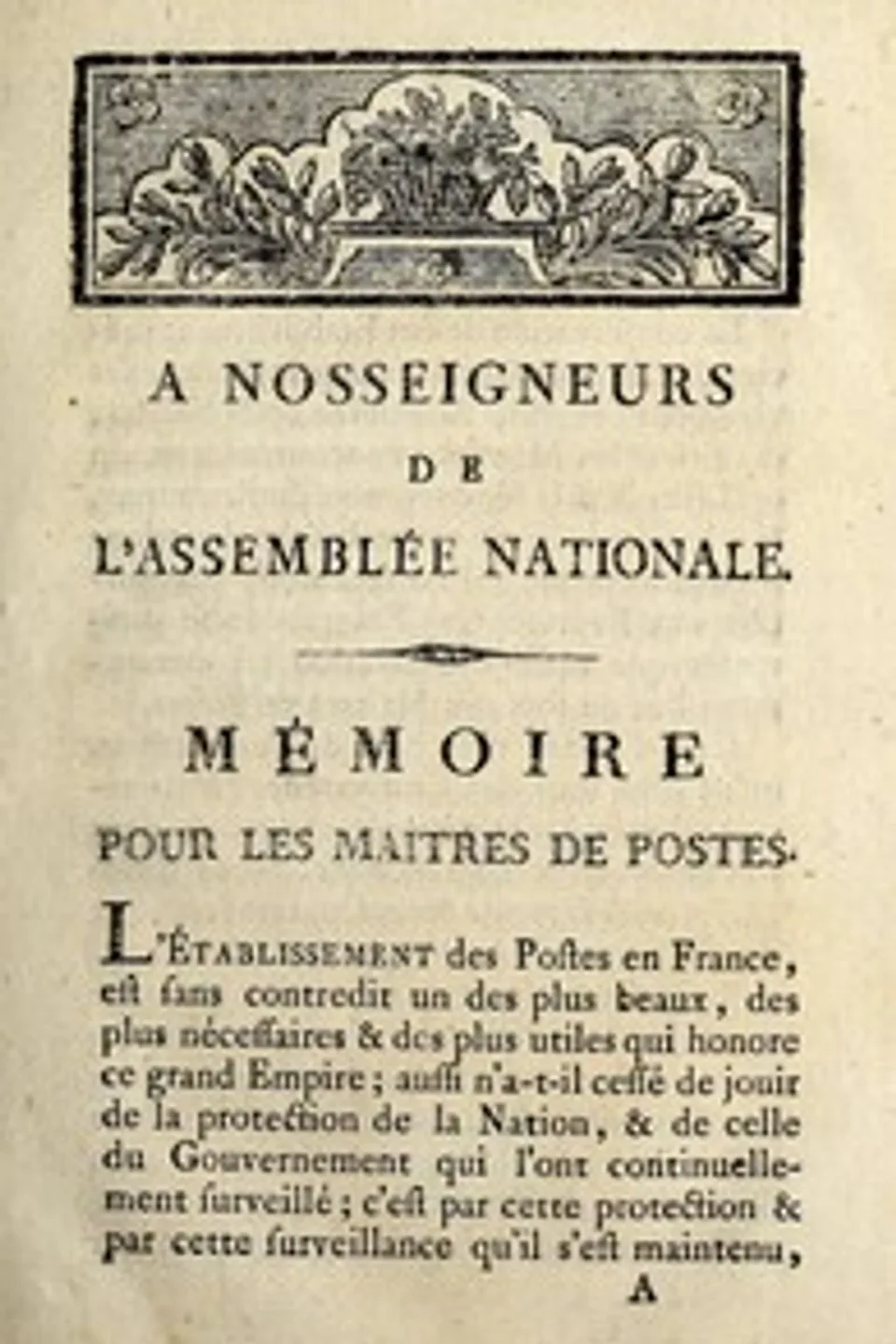 A Nosseigneurs de l'Assemblée nationale: Mémoire pour les maîtres de postes, Anonymous