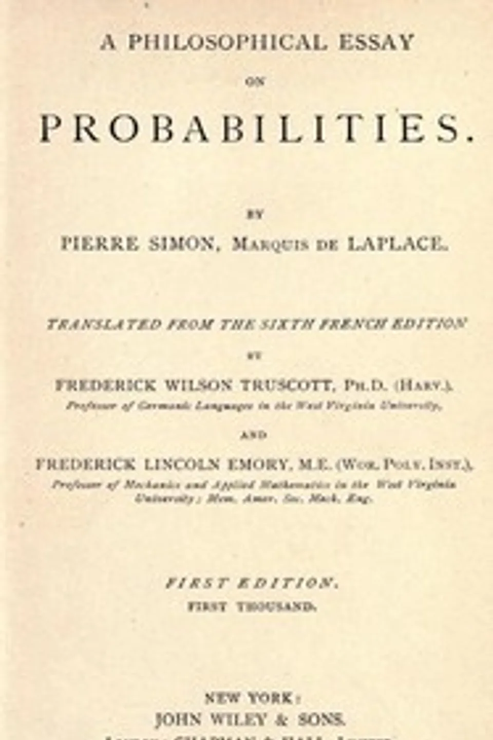 A Philosophical Essay on Probabilities, Pierre Simon Laplace