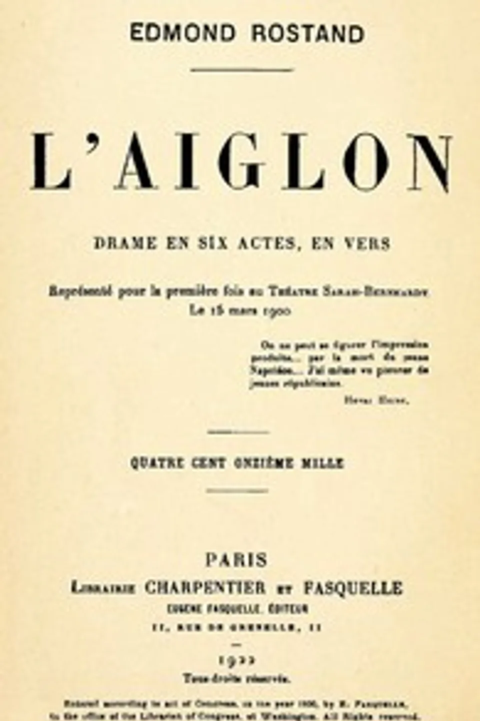 L'Aiglon: Drame en six actes, en vers, Edmond Rostand