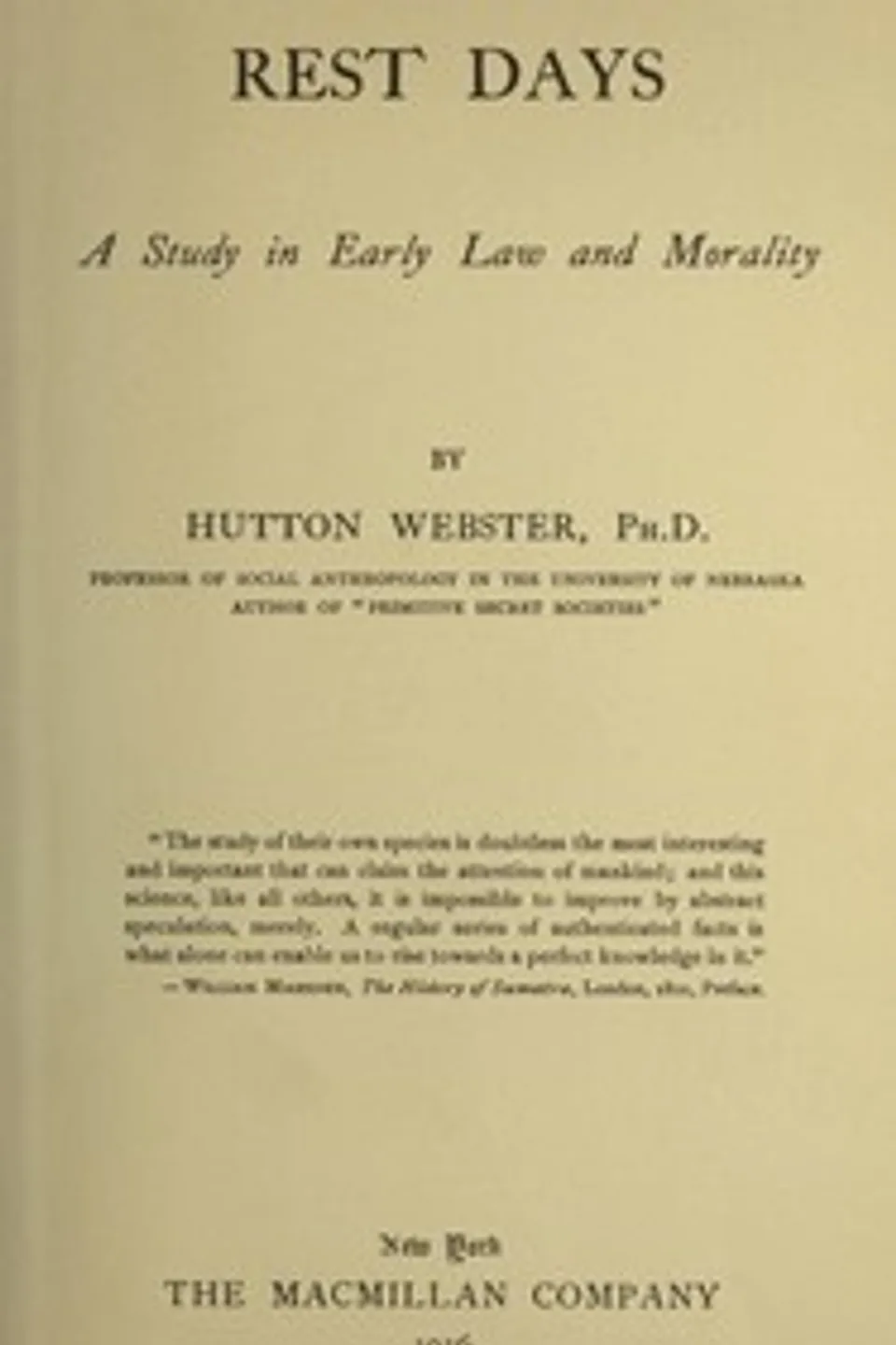 Rest days : $b A study in early law and morality, Hutton Webster