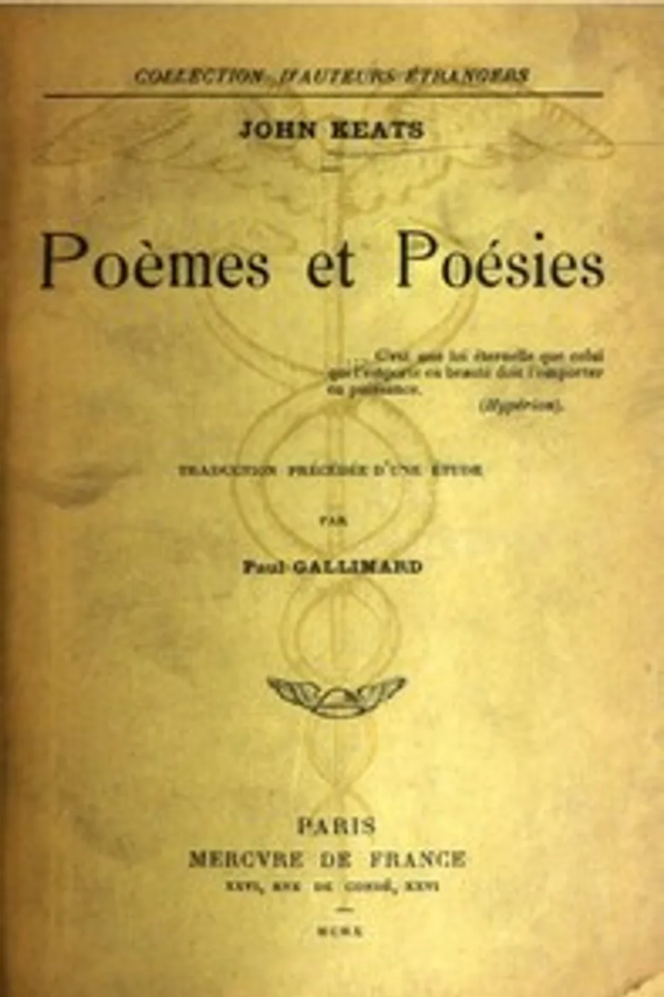 Poèmes et Poésies: Traduction précédée d'une étude par Paul Gallimard, John Keats