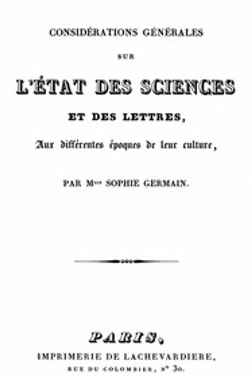 Considérations générales sur l'état des sciences et des lettres, Sophie Germain