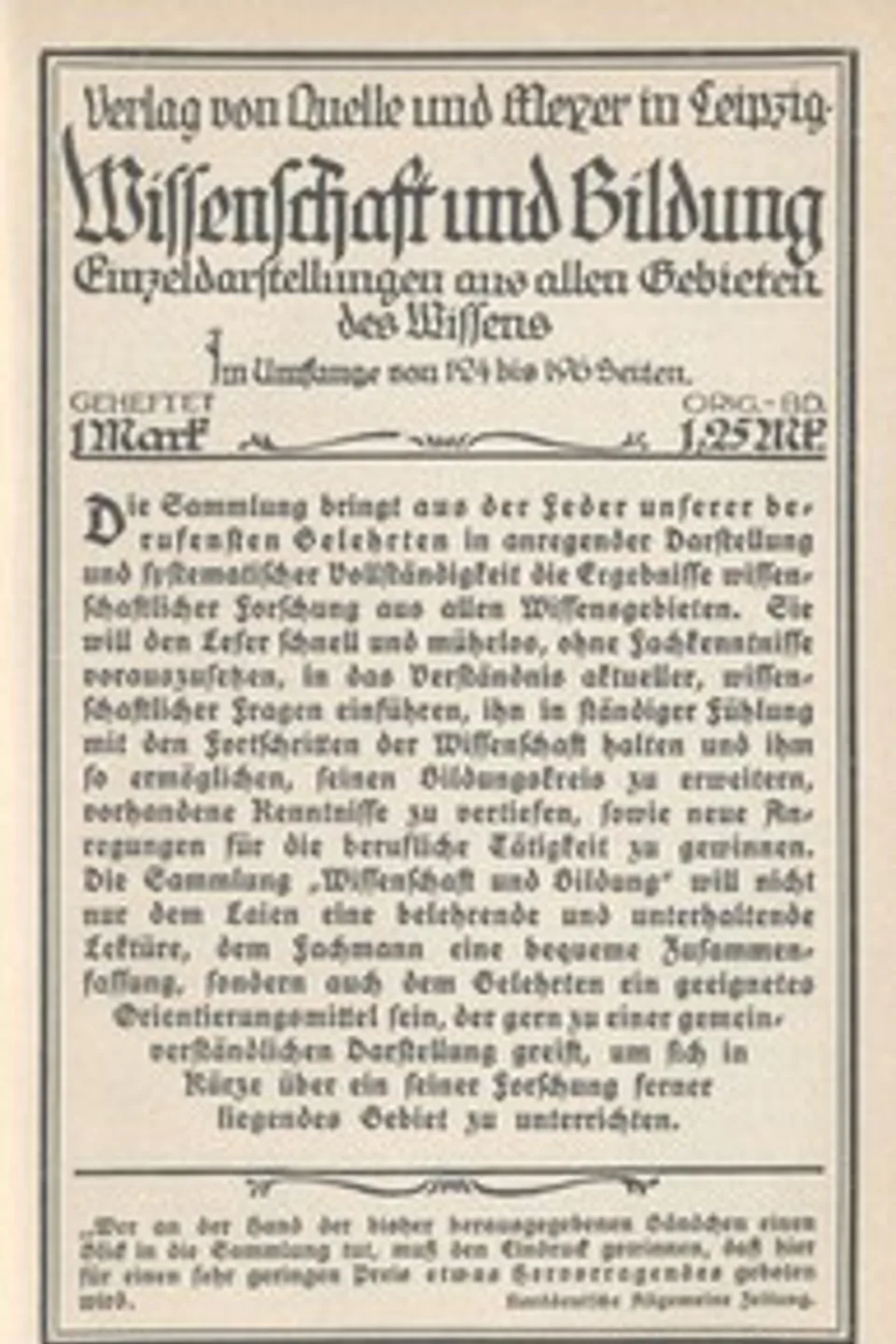 Wissenschaft und Bildung (Katalog): Einzeldarstellungen aus allen Gebieten des Wissens, Quelle & Meyer (Leipzig)