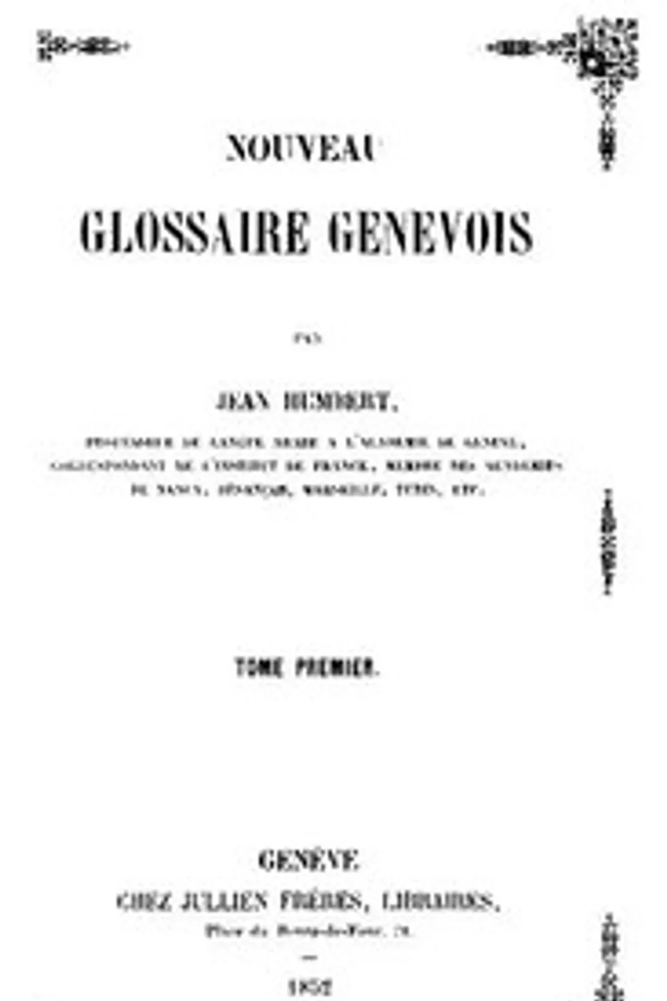 Nouveau Glossaire Genevois, tome 1/2, Jean Humbert